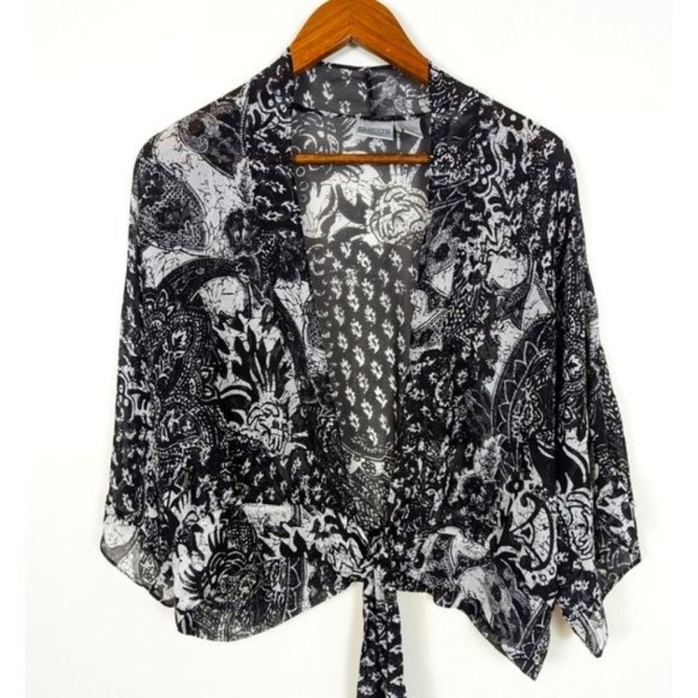 Chico's Sheer Silk Black & White Print Wrap Kimono Top Blouse